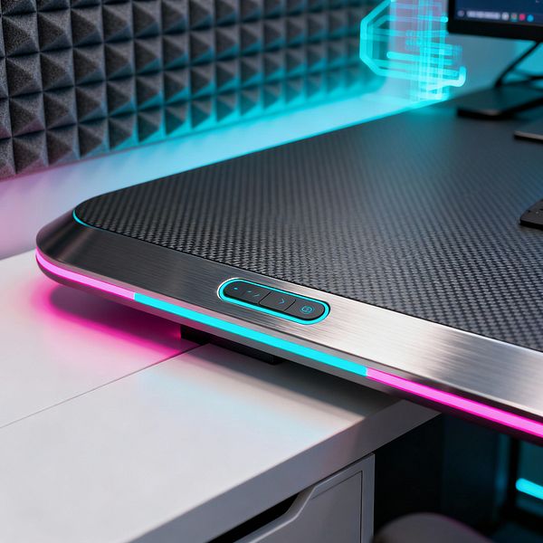 Close-up of a futuristic home office desk with a black carbon-fiber surface framed by brushed metal, featuring an inset touch-control panel and RGB LED edge lighting that washes the perimeter in teal and magenta. Gray pyramid acoustic foam panels cover the wall behind, while a white drawer unit supports the desktop and part of a monitor appears at the corner, all illuminated by cool neon ambient light.