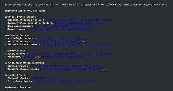 The image displays a list of suggested log types for monitoring various system errors.