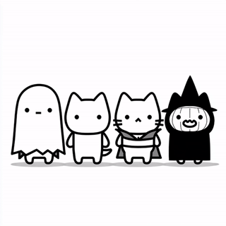 A group of four cute, cartoonish characters in a minimalist style.