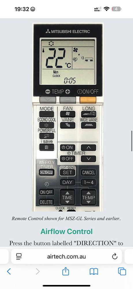 The image displays a Mitsubishi Electric air conditioning remote control with various buttons and settings.