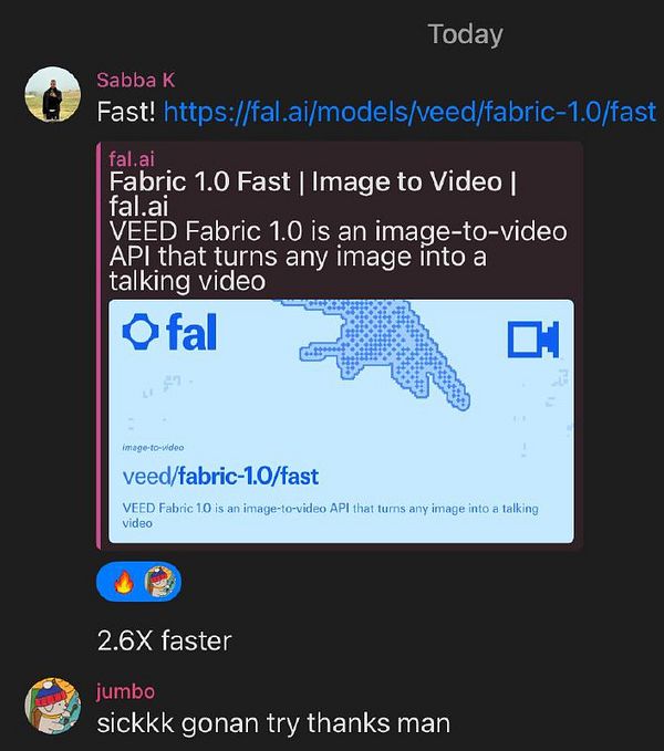 A chat interface displays a message about the VEED Fabric 1.0 tool for creating talking videos from images.