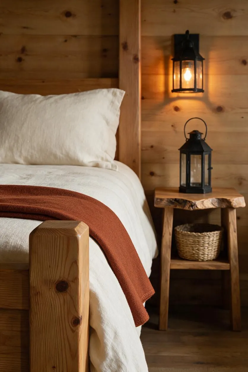 A rustic bedroom vignette with a wooden bed frame, white bedding, and a rust-colored throw draped across the foot of the bed. A natural wood nightstand holds a black lantern, with another lantern mounted on the wood plank wall above, creating a warm, cozy glow.