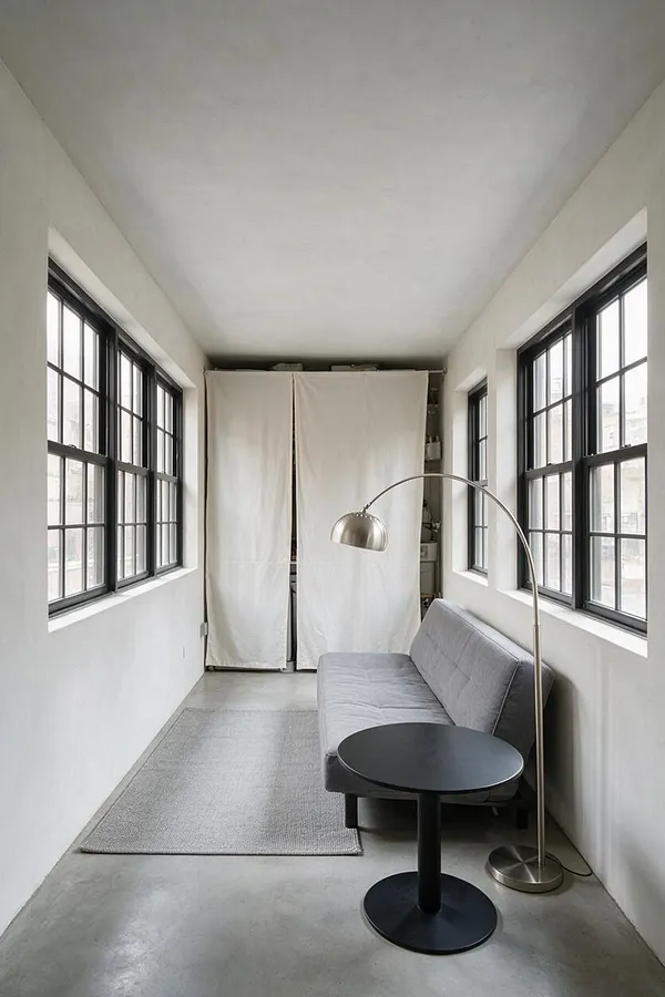A narrow minimalist sunroom with white walls, a smooth light ceiling, and large black-framed windows on both sides. The space includes a gray sofa, a black round side table, a curved floor lamp with a metallic shade, and a simple light rug over a concrete floor.
