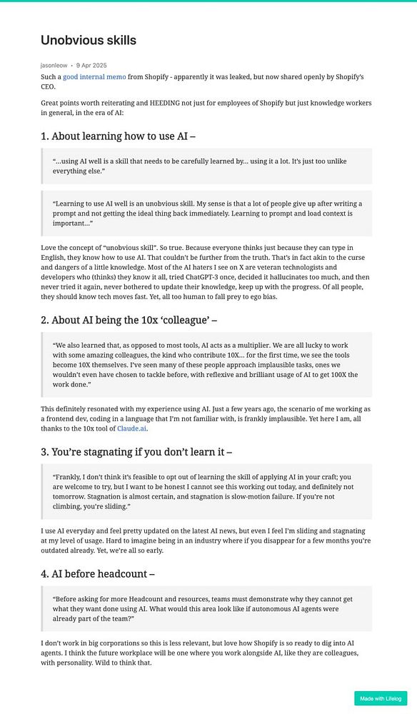 The image features a detailed blog post discussing the importance of 'unobvious skills' in the context of AI, particularly focusing on how to effectively use AI tools.