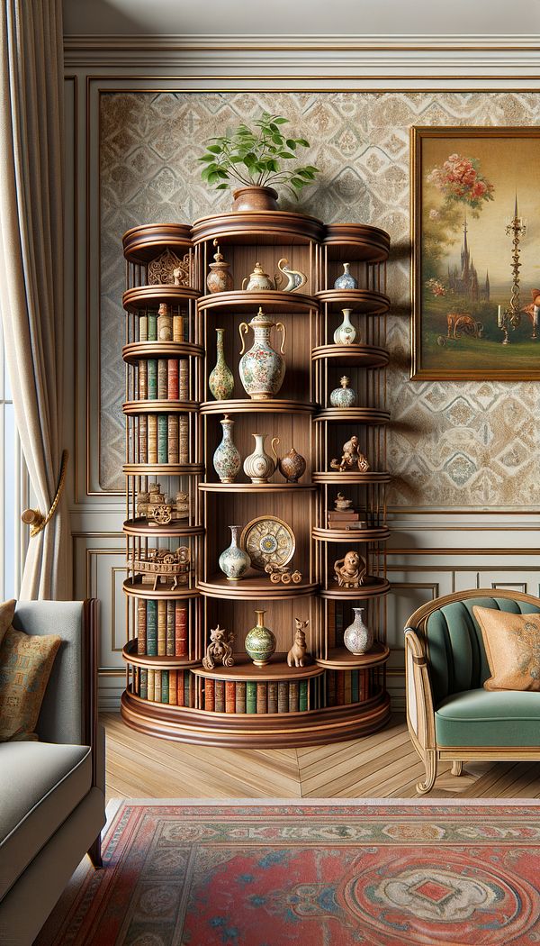 A wooden what-not with graduated shelves, placed in a corner of a Victorian-style living room, displaying a collection of porcelain figurines, vases, and leather-bound books.