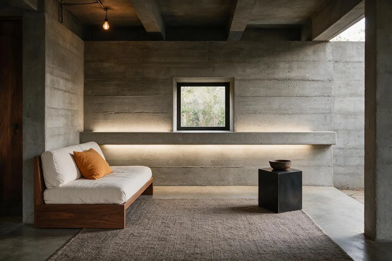 A Brutalist-style backyard patio with exposed concrete walls and ceiling beams, a low wood-framed lounge seat with white cushions and a rust-colored pillow, a small black side table, and a single window centered in the rear wall. Soft hidden lighting washes the concrete surfaces, creating a calm, minimal outdoor retreat.