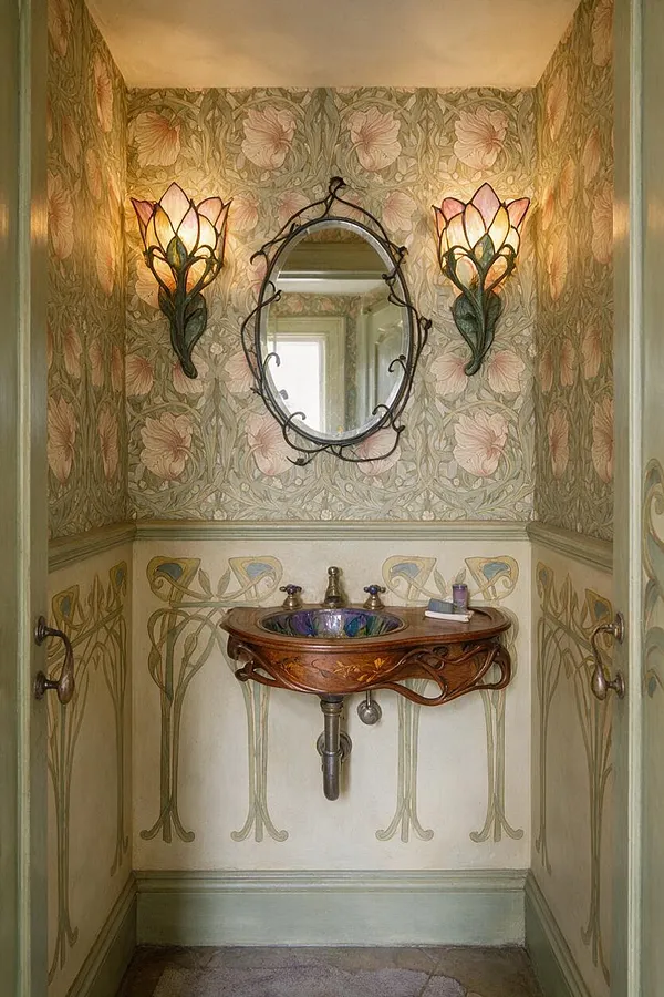 A narrow Art Nouveau bathroom with floral wallpaper covering the upper walls and decorative painted panels below. An oval mirror with an ornate dark metal frame hangs above a carved wooden sink console with a colorful basin, flanked by two lotus-shaped stained glass sconces.