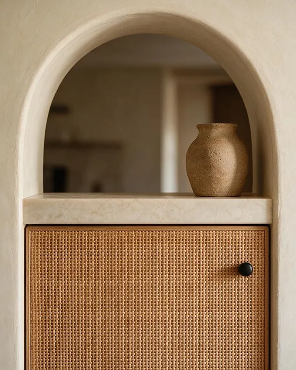 A built-in arched niche frames a small cabinet with a woven cane door, a pale stone top, and a rounded ceramic vase. The creamy plaster surround and warm natural textures create a soft Organic Modern vignette.