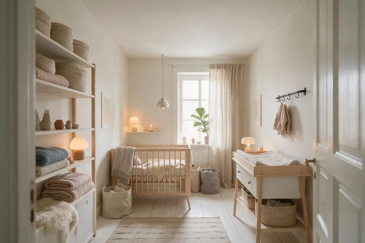 A serene Scandinavian-style nursery with a light wood crib, white walls, and pale curtains filtering daylight from a central window. Open shelving on the left holds woven baskets, folded blankets, and small decor, while a changing table and soft lamp sit on the right, creating a calm neutral space.