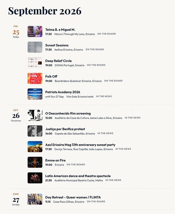 A calendar listing events scheduled for Ericeira from September 25 to 27, 2026, with event details, times, venues, images, and categories such as 'ON THE BOARD' and 'IN THE NEWS'.