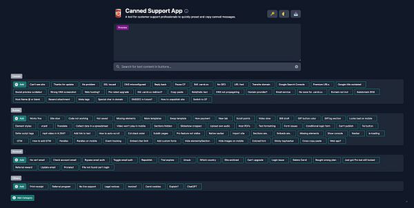 The image displays a user interface for the Canned Support App, showcasing various preset messages for customer support tasks.