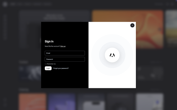 A dark-themed authentication modal for signing into a Morflax account.