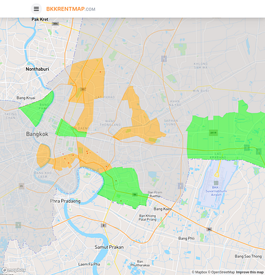 A detailed map of Bangkok highlighting areas with varying rental costs.