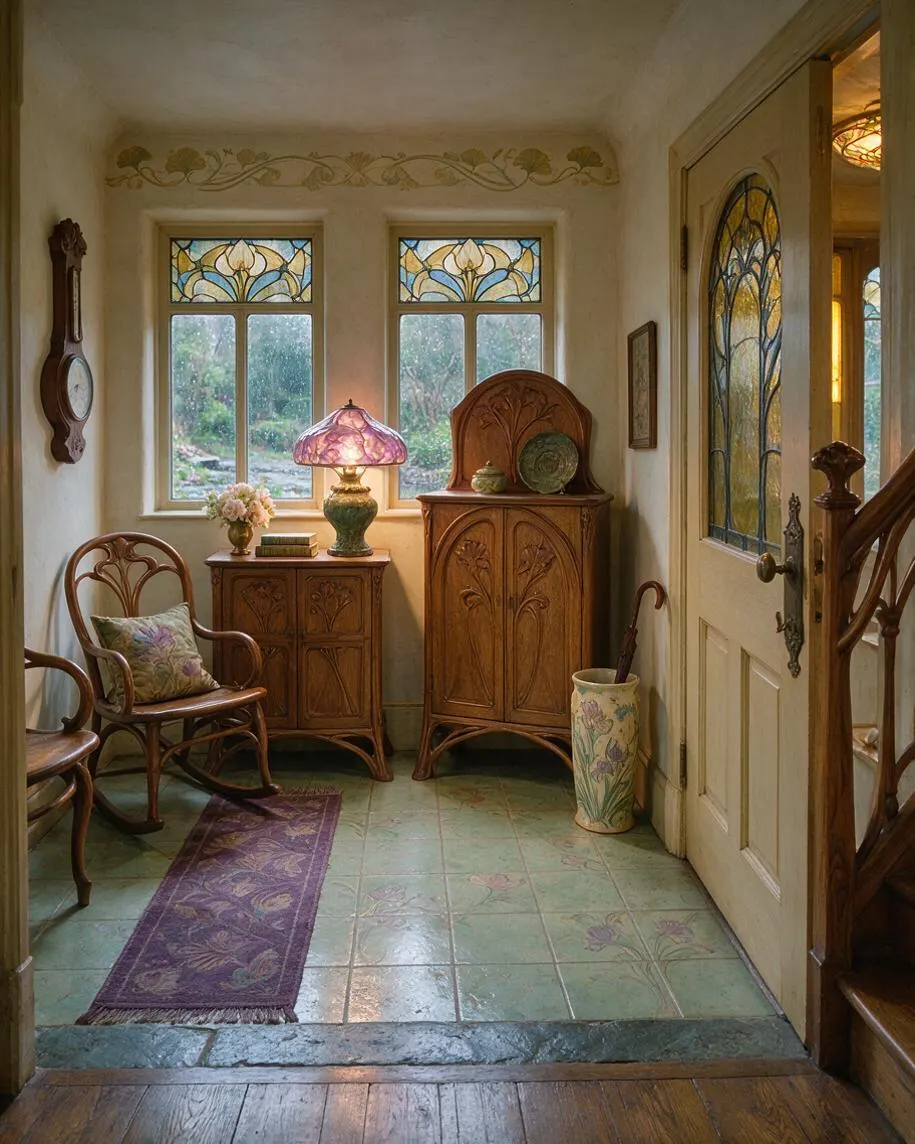 A cozy Art Nouveau front porch with cream walls, stained glass transom windows, and carved wooden furniture. The space includes a purple table lamp, floral ceramics, a patterned runner, and a painted tile floor in soft green tones.