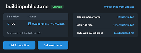 Telegram chat with an interface featuring a pinned message and multiple chat details, related to a buildinpublic tweet about blockchain collectibles.