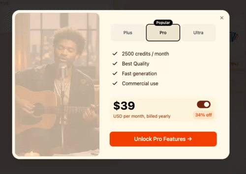 A modal window displaying a subscription plan for a service, featuring a musician and pricing details.