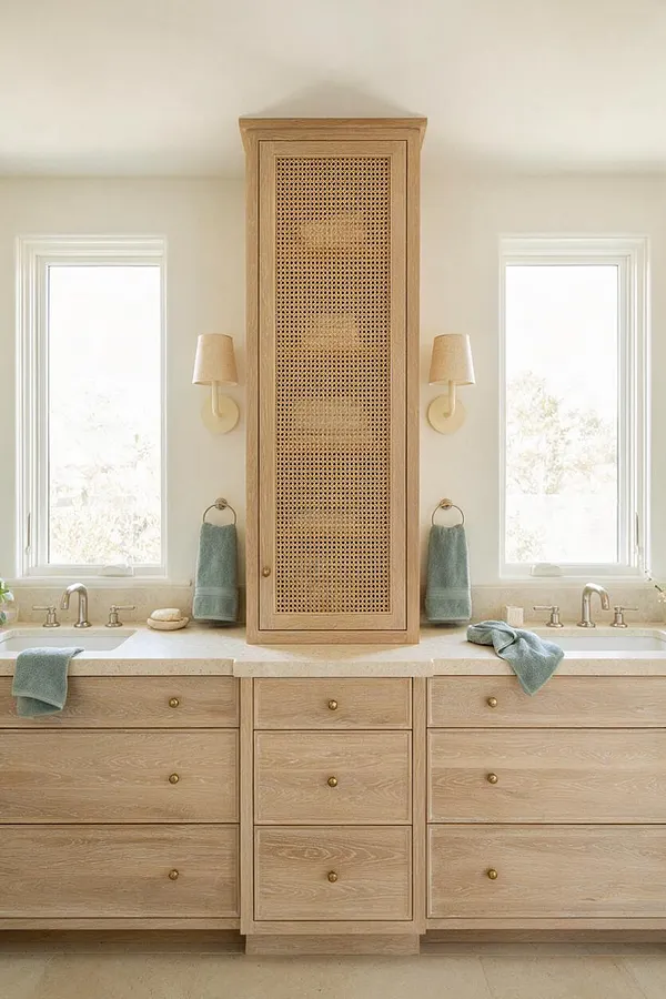 A bright coastal master bathroom features a double oak vanity with brass knobs, a pale stone countertop, and twin undermount sinks. A tall center cabinet with cane-front doors sits between two windows, while soft blue towels and cream wall sconces add a relaxed beachy feel.
