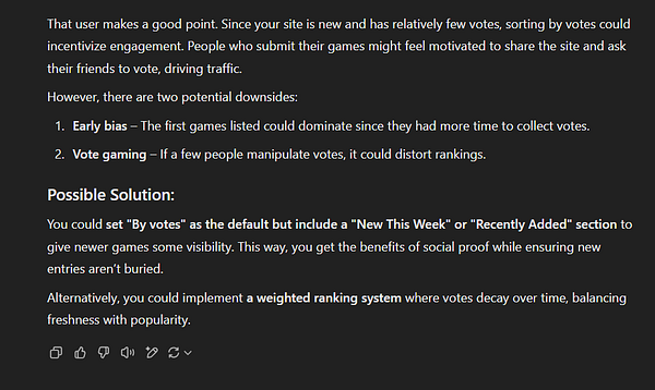 The image displays a text discussion about sorting games by votes on a website, highlighting potential downsides and solutions.
