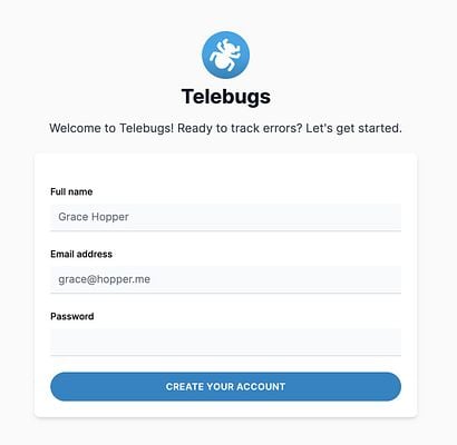 The image displays a user registration interface for a service called Telebugs.