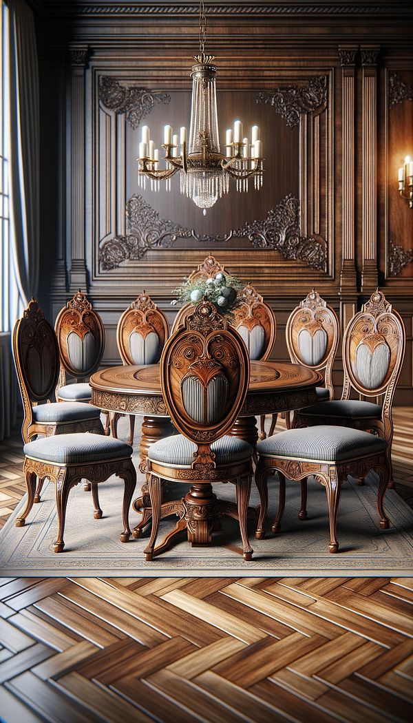 A neatly arranged interior scene featuring several elegant shield back chairs around a classic wooden dining table, to capture the essence of their historical and aesthetic appeal.