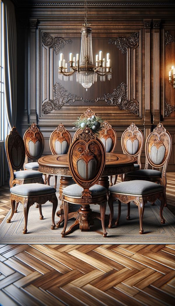 A neatly arranged interior scene featuring several elegant shield back chairs around a classic wooden dining table, to capture the essence of their historical and aesthetic appeal.