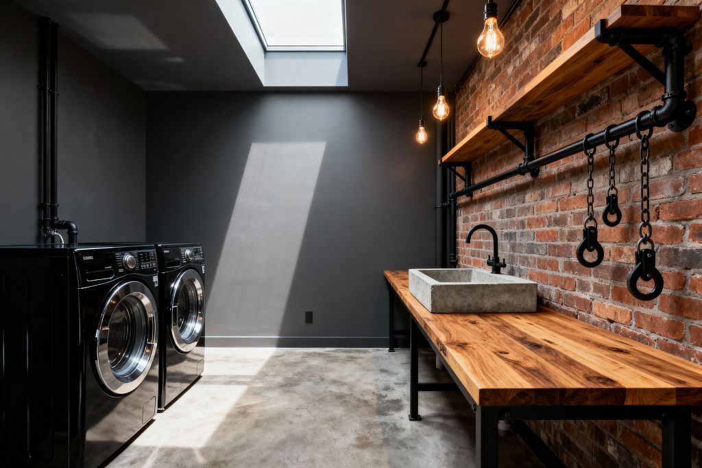 An industrial laundry room with charcoal gray walls and a polished concrete floor features a pair of black front-loading machines on the left and a long natural wood workbench on the right. An exposed red brick wall supports black pipe shelving, a rail with chains and hooks, and a matte black faucet over a rectangular concrete sink, while a skylight and hanging Edison bulbs cast warm light across the space.
