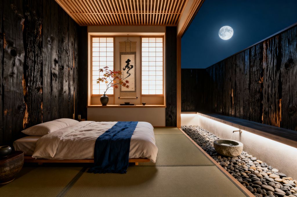 A minimalist Japanese bedroom with tatami flooring features a low platform bed dressed in white linens and a deep indigo throw. Backlit shoji screens frame a tokonoma niche with a calligraphy scroll and a vase of red maple branches. Charred shou sugi ban wood walls and a cedar slatted ceiling add warmth and texture. Along one side, a pebble-filled rill with a carved stone basin and wall spout is softly lit, with the full moon visible beyond.