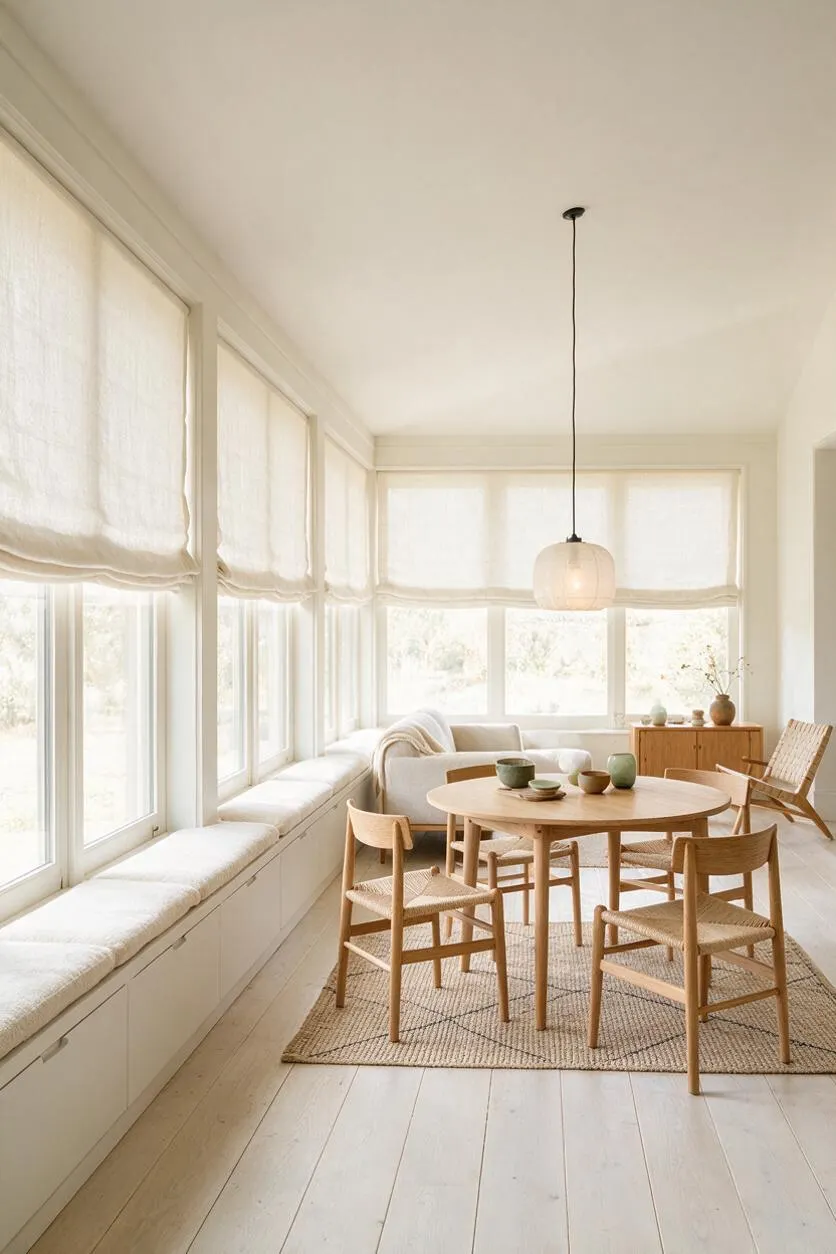 A bright Scandinavian-style sunroom with large wraparound windows and sheer Roman shades, white walls, and pale wood floors. The room features a round natural wood dining table, woven wood chairs, a low white sofa, a jute rug, and a simple pendant light, creating a calm, sunlit space.