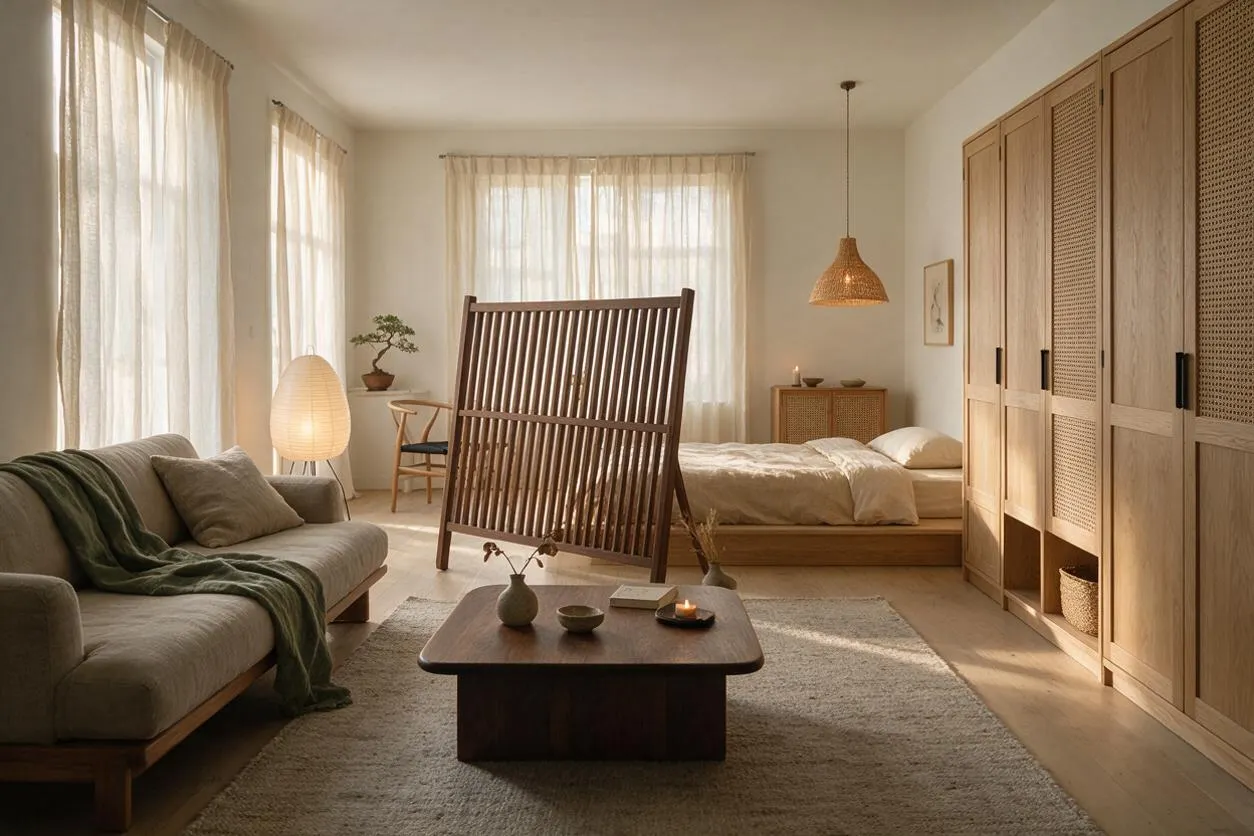 A serene studio apartment with a low sofa, wooden coffee table, and a bed framed by a slatted wood room divider. Sheer curtains filter soft daylight, while a large oak wardrobe with cane panels lines the right wall.