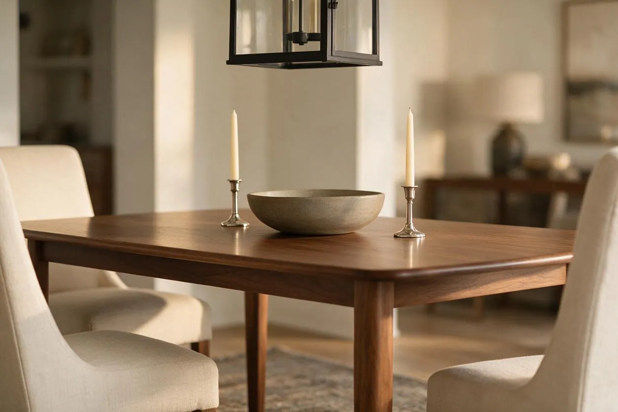 A Transitional dining nook with a rectangular walnut table, four upholstered cream dining chairs, and a simple ceramic bowl centerpiece flanked by two slim candlesticks. A black lantern pendant hangs overhead, while soft beige walls and a muted rug create a calm, elegant atmosphere.
