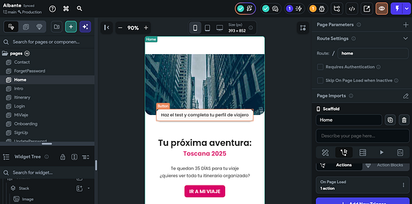 The image displays a user interface for a travel app being developed in Flutterflow.