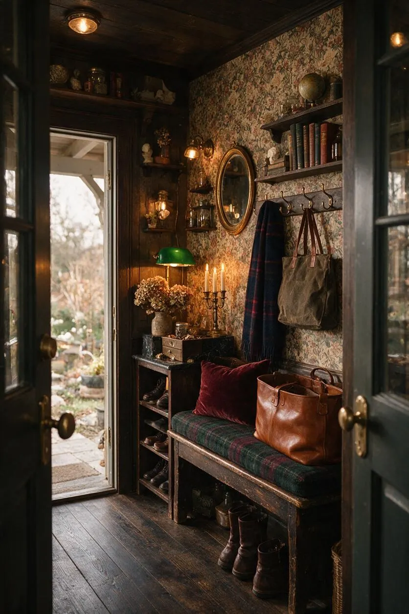 A dark academia mudroom with floral wallpaper, dark wood trim, and a plaid bench cushion. The space includes brass hooks, a green banker’s lamp, books, candles, leather bags, and boots, creating a moody, lived-in entryway with vintage charm.