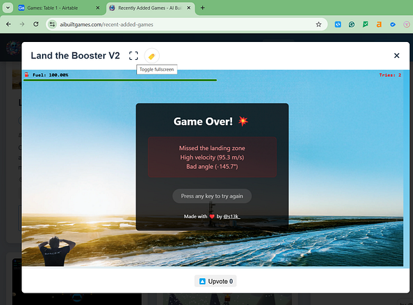 The image displays a game interface for 'Land the Booster V2' with a game over screen and performance metrics.