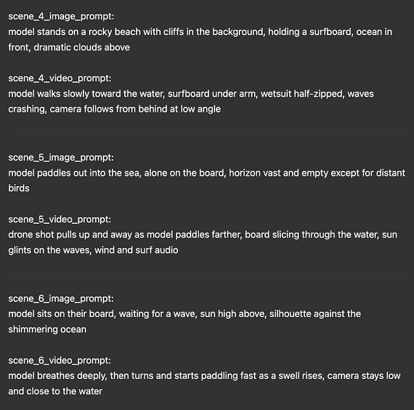 A series of prompts for creating an autonomous AI-directed video featuring a model surfing.