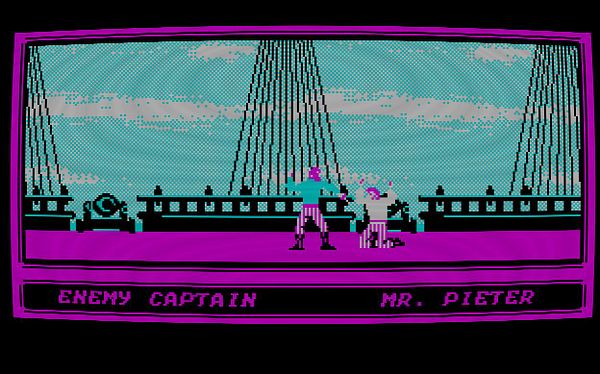 Screenshot of the game Sid Meier's Pirates! (1987) showing a detailed in-game scene with a waterfront, ships, and menu options.