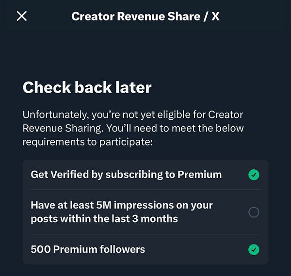 The image displays a notification regarding eligibility for the Creator Revenue Share program on a social media platform.
