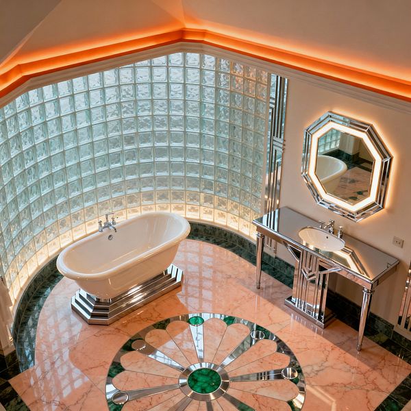 An Art Deco bathroom features a freestanding white tub on a stepped chrome plinth before a curved wall of translucent glass blocks illuminated by concealed lighting. The floor is polished pink marble with a circular sunburst inlay in green marble and metal, and a mirrored chrome console with an oval basin sits beneath an octagonal backlit mirror, while warm cove lighting washes the ceiling.