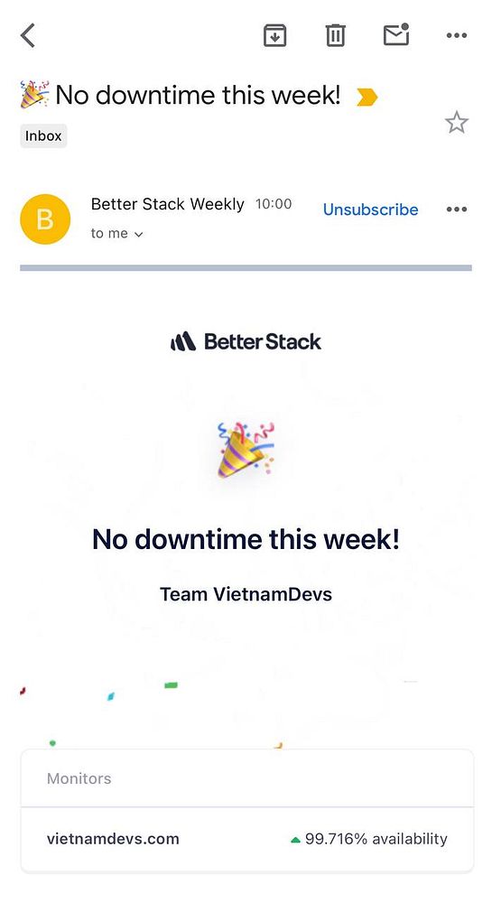 An email notification celebrating no downtime for the week from Better Stack.