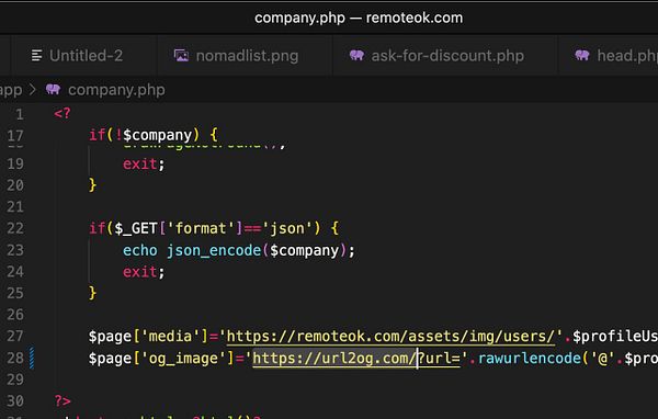 The image displays a code snippet from a PHP file named 'company.php' related to a web application.