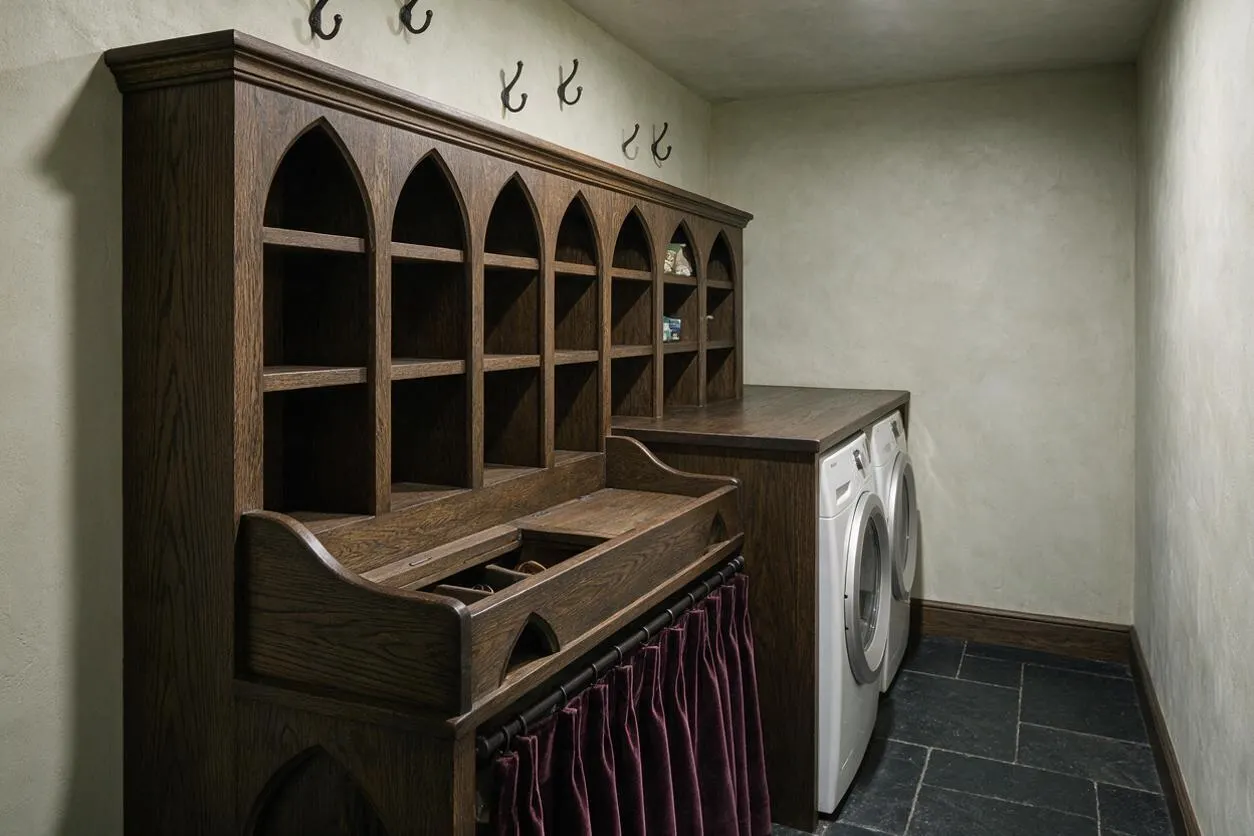 A narrow basement laundry room features a dark wood Gothic-style cabinet with pointed arch openings, open cubbies, and a pullout drawer. A pair of front-loading washer and dryer units sits beside the cabinetry, with slate tile flooring, light plaster walls, and small wall hooks above.