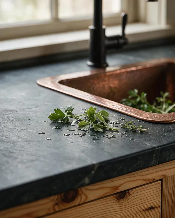 A rustic kitchen counter features a dark stone worktop with water droplets and fresh herbs near a copper farmhouse-style sink. A matte black faucet stands in front of a bright window, and the base cabinet below is made of light natural wood with visible grain.