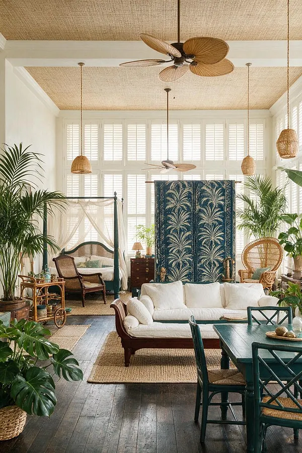 A bright studio apartment styled in tropical design with white plantation shutters, woven ceiling panels, and rattan pendant lights. The room includes a canopy bed with sheer curtains, a white sofa, dark wood flooring, teal accents, many leafy plants, and woven furniture that creates a relaxed, resort-like atmosphere.