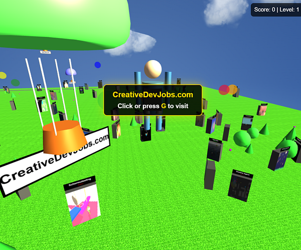 A vibrant virtual environment featuring various objects and a prominent sponsor popup.