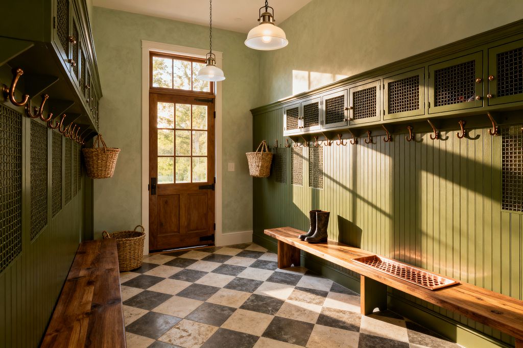 A farmhouse mudroom features olive-green beadboard built-ins along two walls with wire-mesh locker fronts and rows of brass-toned hooks above long solid-wood benches. The floor is black-and-cream checkerboard tile leading to a glass-paneled wooden door, with woven baskets hanging from hooks. Sunlight pours through the door and two white schoolhouse pendant lights, while white trim and a copper-colored boot tray add warm, rustic contrast.