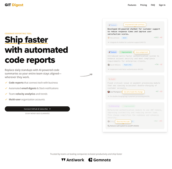 The image displays a promotional interface for a codebase reporting tool called Git Digest.