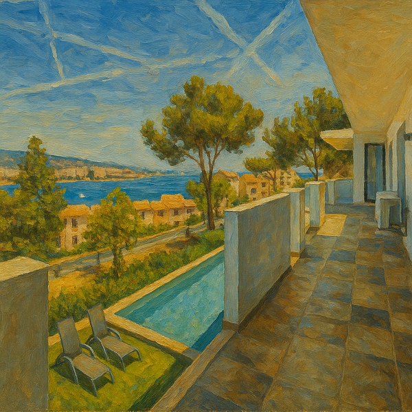 A picturesque balcony view overlooking a serene landscape with a pool and distant hills.