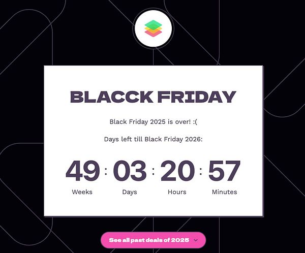 The image displays a countdown timer for Black Friday 2026, following the conclusion of Black Friday 2025.