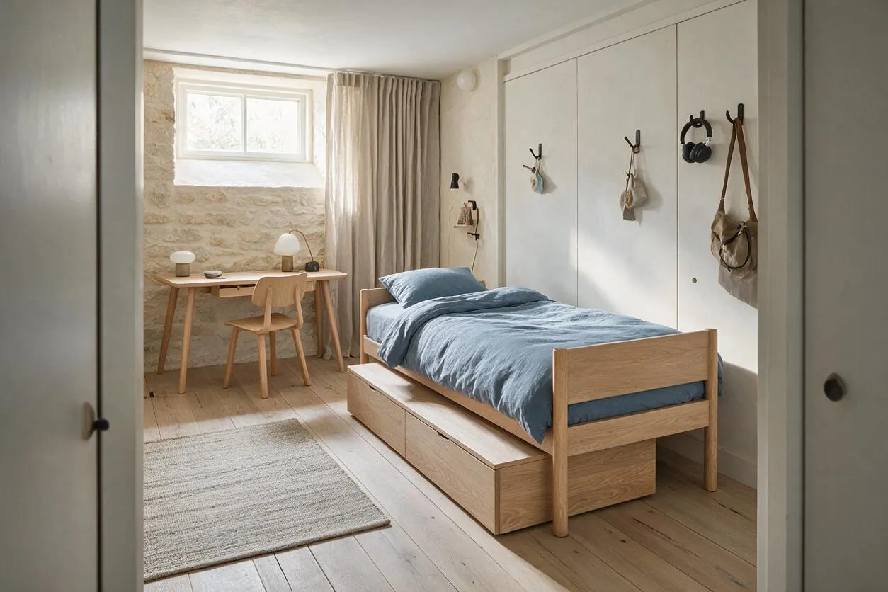 A small Scandinavian-style basement bedroom with a light oak single bed, blue bedding, and built-in storage drawers beneath the frame. The room has white walls, a stone accent wall near a small window, a simple wooden desk and chair, beige curtains, and a muted neutral rug on pale wood flooring.