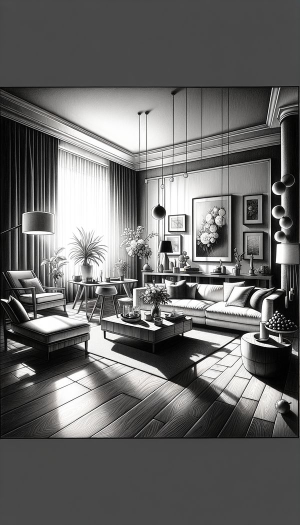 An interior design drawing highlighting the use of value through contrast in a living room, with light and dark colored furnishings and accents.