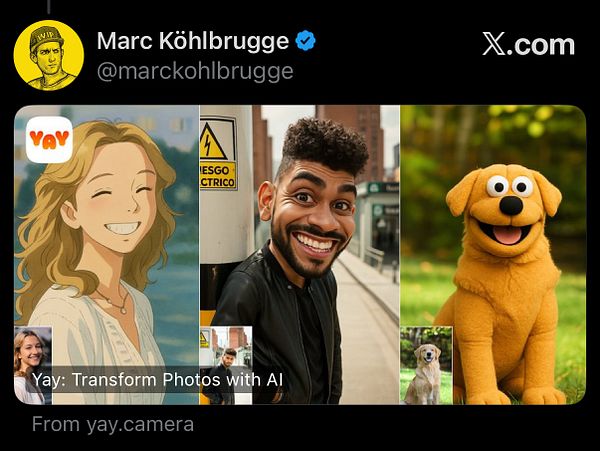 A social media card featuring various images related to a photo transformation app.